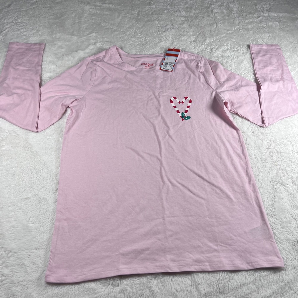 Cat Jack Girls Pink Long Sleeve Candy Cane Heart Christmas Pajama Top XXL 18